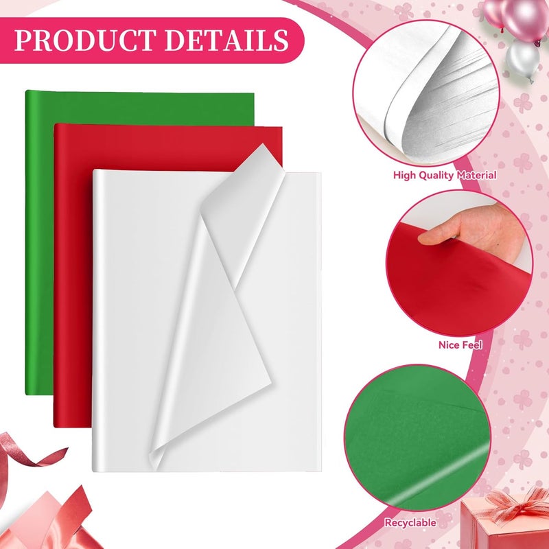 Hlonon Red Green White Tissue Paper for Gift Bags - 30 Sheets of Red Green Wrapping Tissue Paper Bulk Packaging Paper for Weddings Birthday DIY Project Christmas Gift Wrapping Crafts Decor (14 x 20 Inch) - Image 3